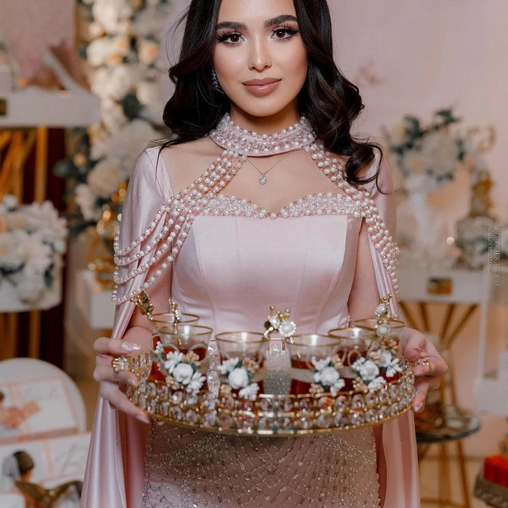 Bella Customized Champagne Beaded With a Shawl robes de soirée Strapless Satin Pearls Party Dresses Floor-Length Prom Dress 2025