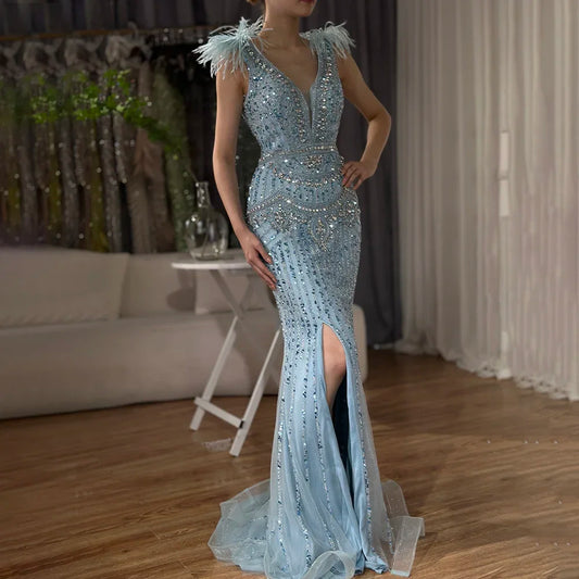 Serene Hill 2025 Arabic Blue Split Mermaid Beaded Feathers Long Evening Dresses Gowns For Occasion LA72742 Customized