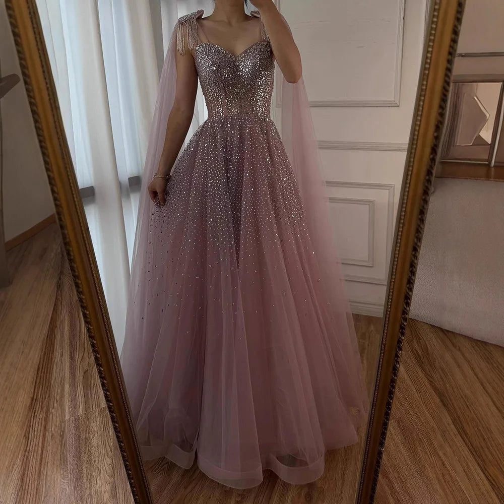 Luxury Pink Tulle Beaded A-Line Evening Dress with Cape Sleeves for Women Prom Serene Hill 2025 Customized Gown LA73072