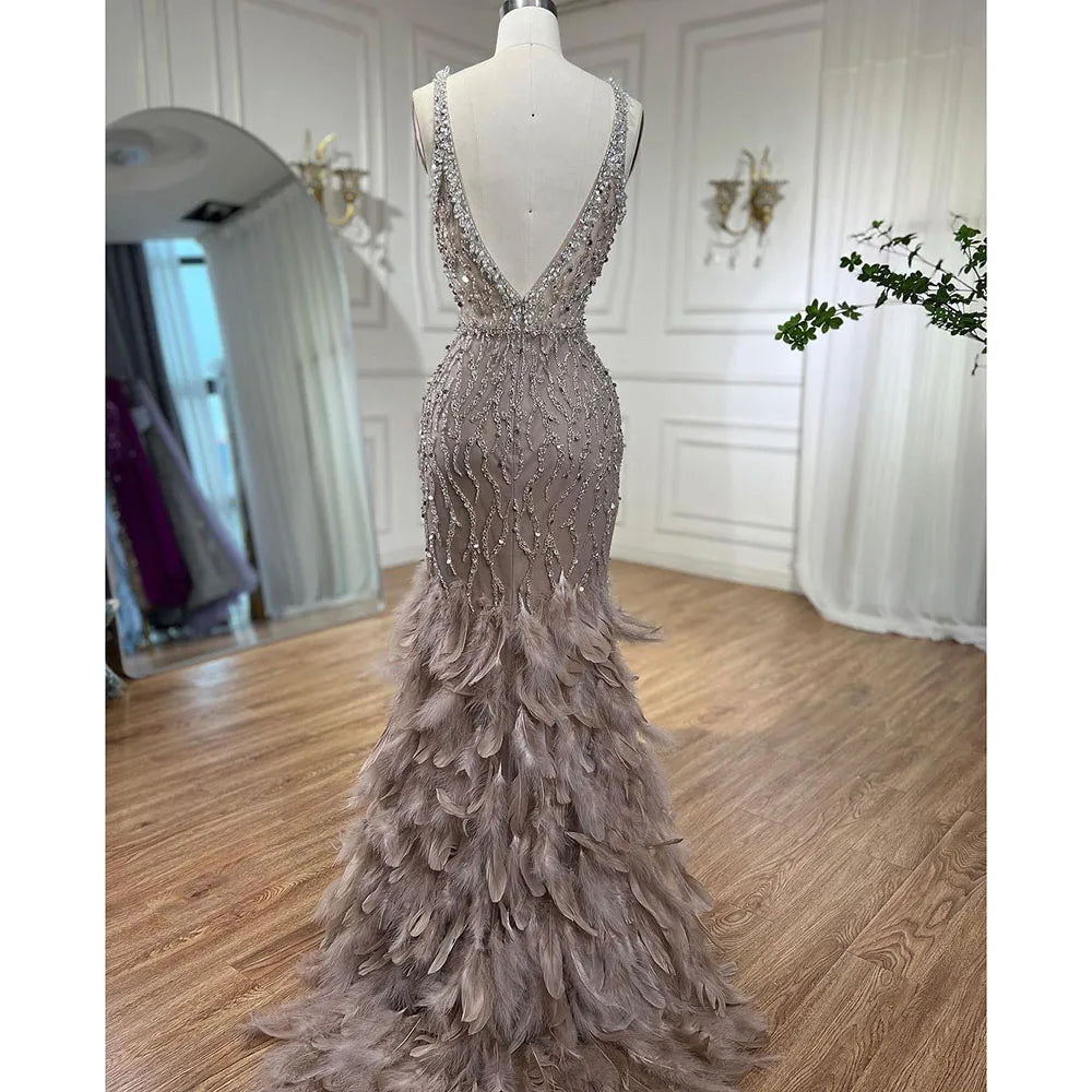 Serene Hill Pink Mermaid High Split Evening Dresses Feather Beaded Gowns Long 2025 For Women Wedding Party LA72152 Customized