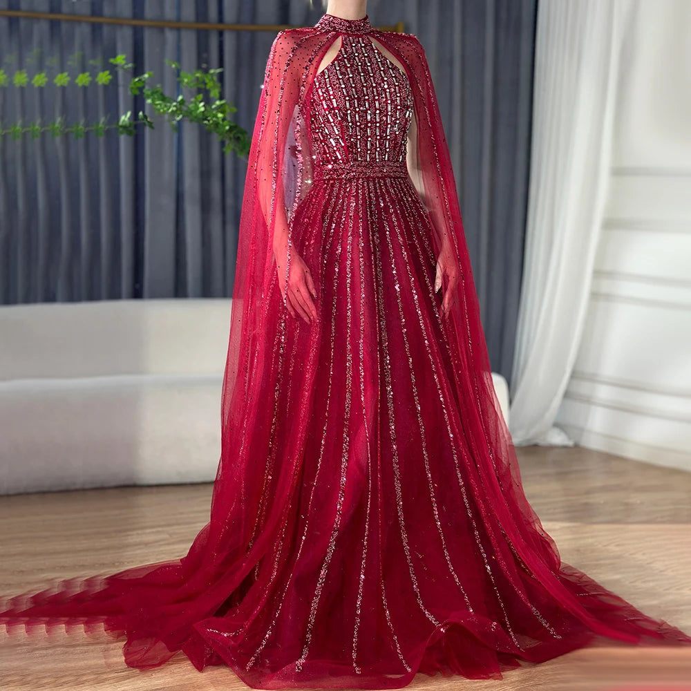 Serene Hill Arabic Turquoise A Line Cape Sleeve Beaded   Evening Dresses Gowns For Occasion 2025 LA72306A Customized