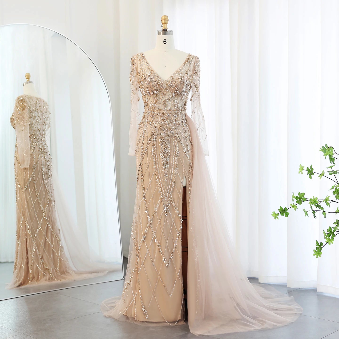 Sharon Said Turquoise Green Meramid Long Sleeves Evening Dress with Overskirt Slit Luxury for Wedding Party SS181 Customized
