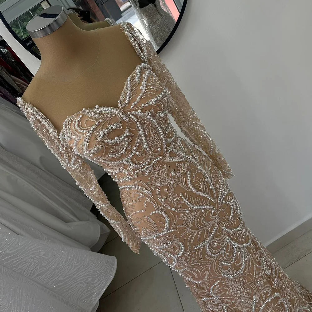 Serene Hill 2025 Nude Mermaid Pearls Beaded Arabic Evening Dresses For Occasion Dress LA72648 Customized