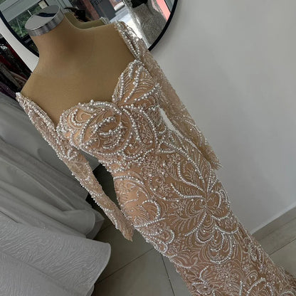 Serene Hill 2025 Nude Mermaid Pearls Beaded Arabic Evening Dresses For Occasion Dress LA72648 Customized