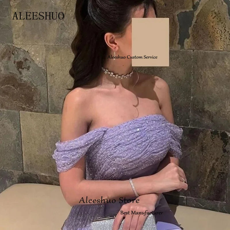 Aleeshuo Lilac Saudi Arabia Mermaid Evening Dress Off The Shoulder Sequined Formal Prom Gowns Special Occasion Dress Customized