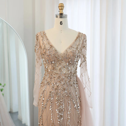Sharon Said Turquoise Green Meramid Long Sleeves Evening Dress with Overskirt Slit Luxury for Wedding Party SS181 Customized