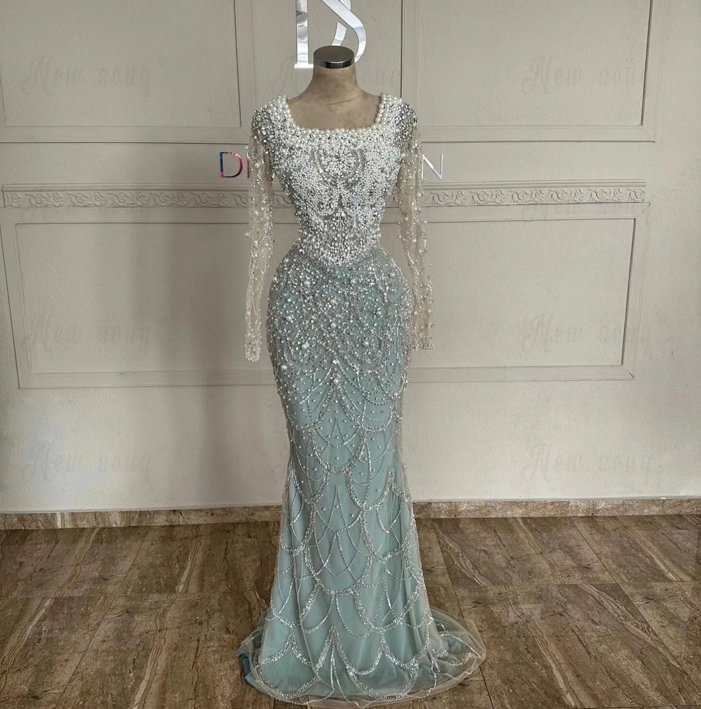 Vestido De Gala Noche Mujer Ivory Pearls Long Sleeve Party Guest Dress For Wedding Muslim Pageant Dinner Prom Gown Customized