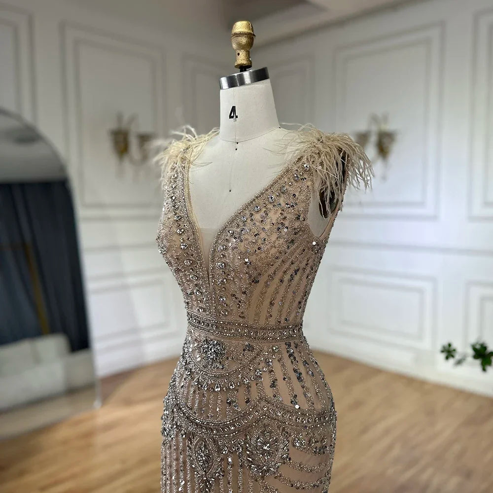 Serene Hill 2025 Arabic Blue Split Mermaid Beaded Feathers Long Evening Dresses Gowns For Occasion LA72742 Customized