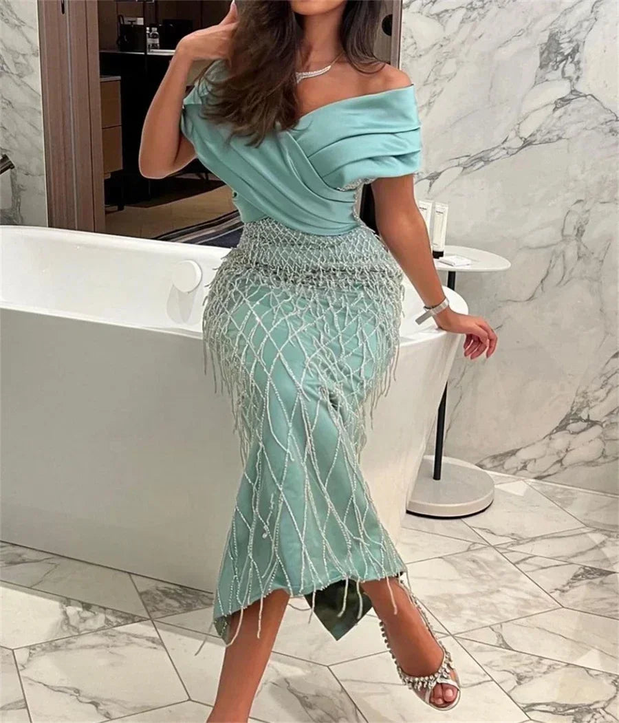 Customized Prom Dresses Classic Exquisite High Quality Jersey Pleat Tassel Straight V-neck Midi Dress Fashion Formal Party Gown