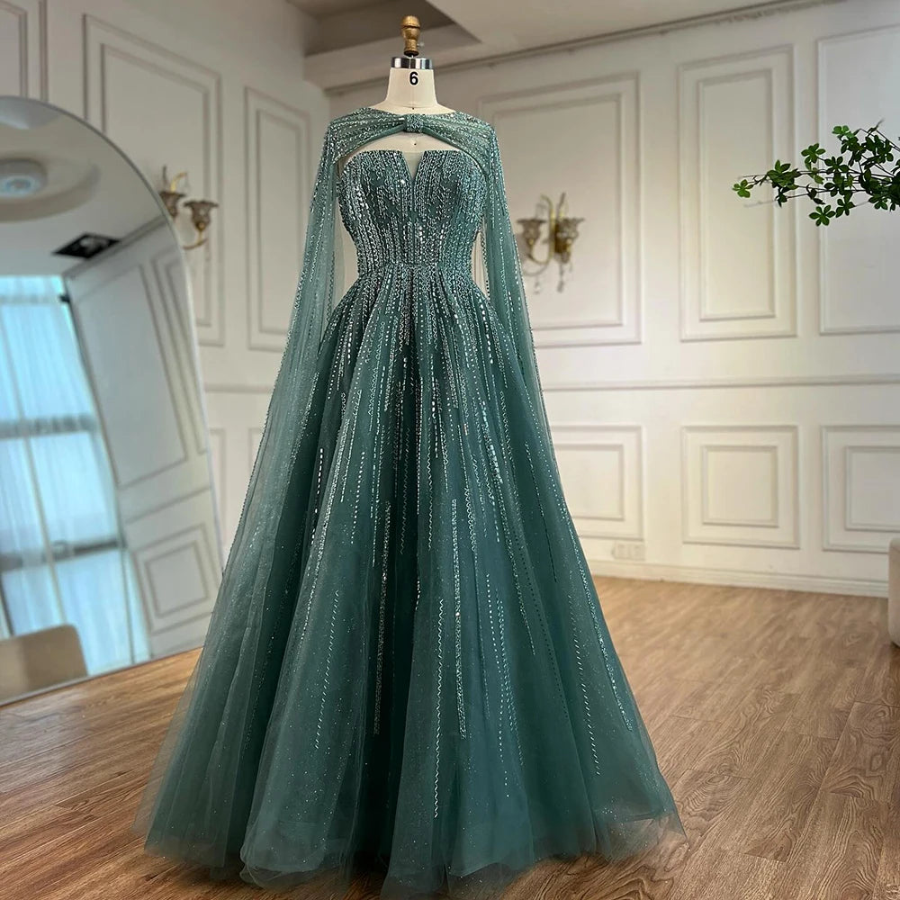 Serene Hill 2025 Arabic Blue Cape  A-Line Beaded Evening Dresses Long Celebrity Gowns  LA72427 Customized