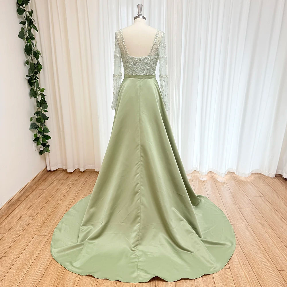 Elegant Pearls Evening Dress for Women with Detachable Skirt 2025 Luxury Long Sleeves Formal Prom Wedding Party Gown Customized