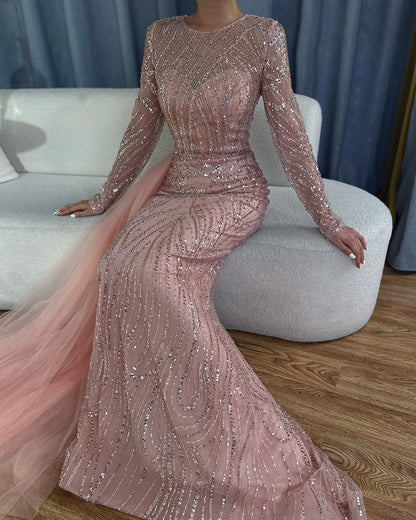 Serene Hill Caramel Beaded Mermaid Long Arabic Evening Dresses Gowns With Overskirt for Formal Occasion 2025 LA71673A Customized