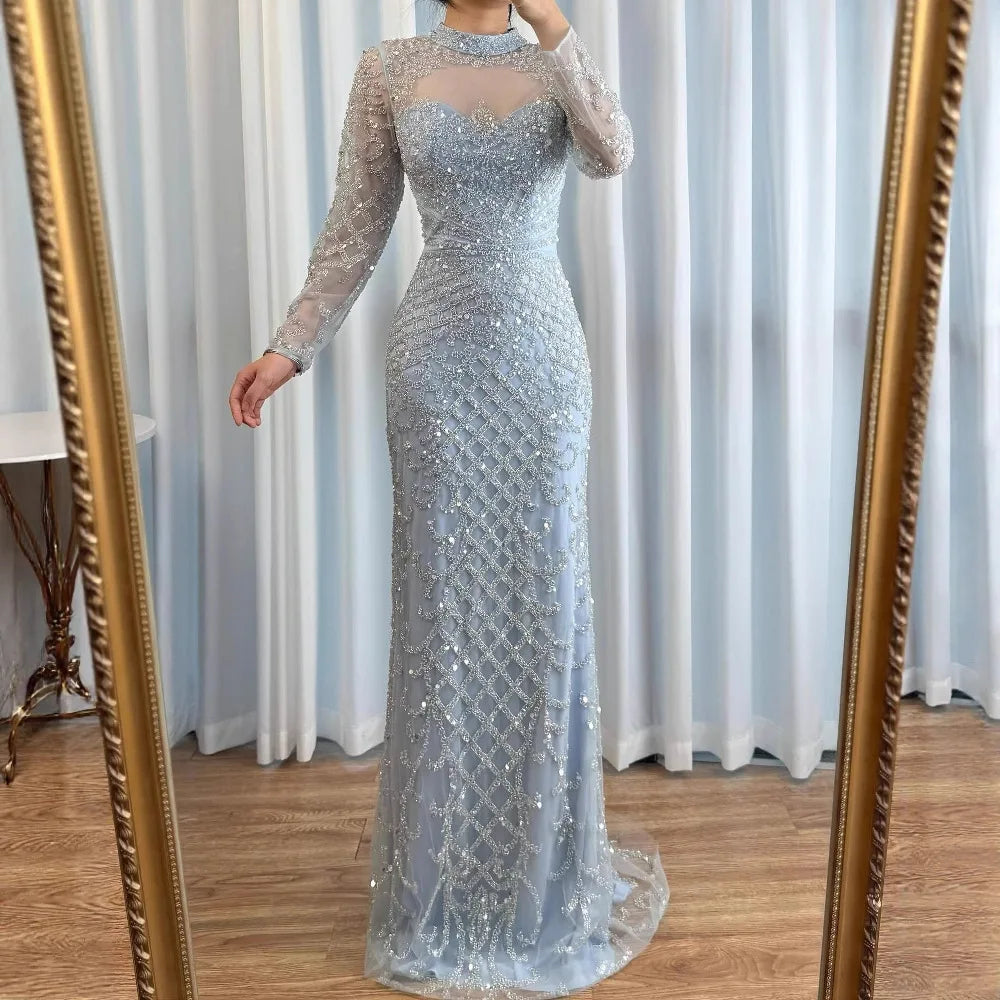 Luxury Caramel Beaded Evening Dress with High Neck Long Sleeves Mermaid Gown Serene Hill 2025 Customized LA71747A