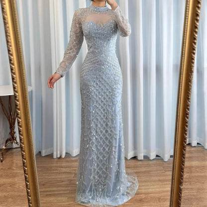 Luxury Caramel Beaded Evening Dress with High Neck Long Sleeves Mermaid Gown Serene Hill 2025 Customized LA71747A