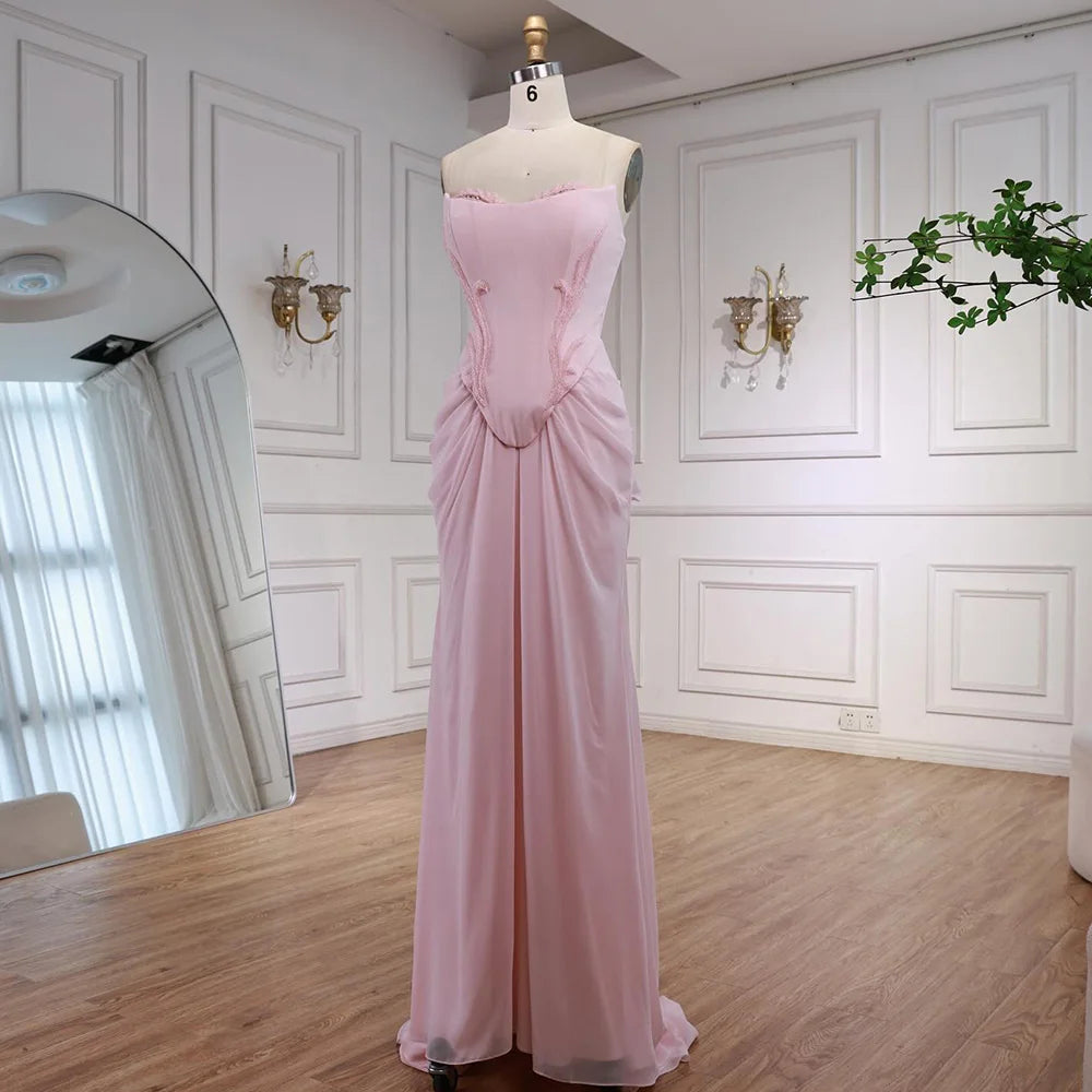 Serene Hill 2025 Customized Pink Strapless Draped Satin Evening Dress with Rose Neck Detail for Formal Party LA72946