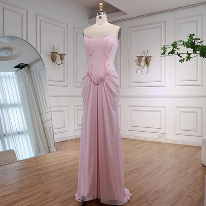 Serene Hill 2025 Customized Pink Strapless Draped Satin Evening Dress with Rose Neck Detail for Formal Party LA72946