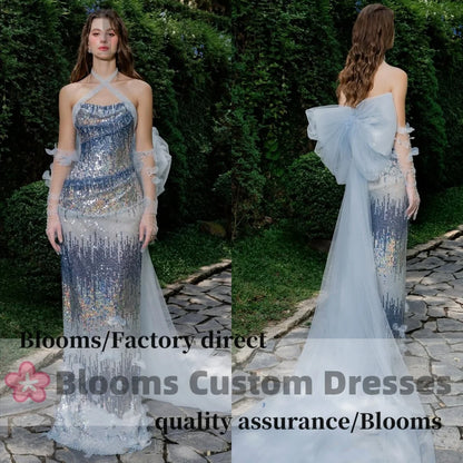 Blooms Customized Sequins Shiny Luxury Evening Dresses For Prom Bow Flowers Gloves Party Gown robes invitée mariage