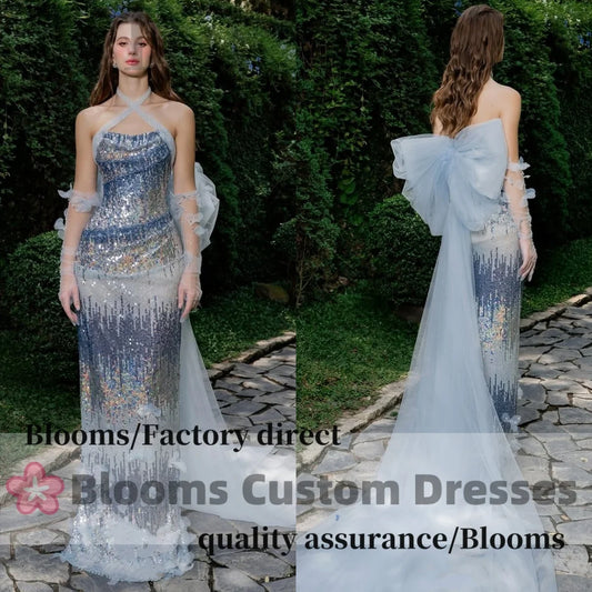 Blooms Customized Sequins Shiny Luxury Evening Dresses For Prom Bow Flowers Gloves Party Gown robes invitée mariage