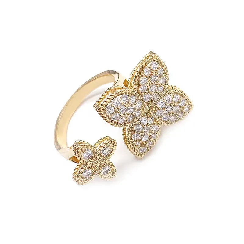 ZAKOL Shiny Micro-intact Zircon Four-leaf Flower Adjustable Open Rings Fashion Engagement Wedding Ring Jewelry Gift
