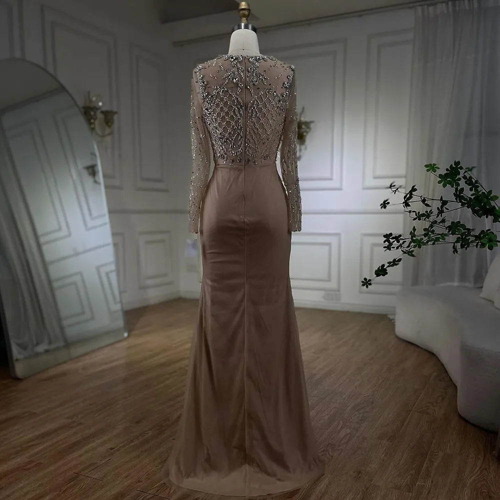 Serene Hill Muslim Silver Nude Mermaid Gown with Detachable Overskirt Beaded Evening Dress for Women Wedding Party 2025 LA71919