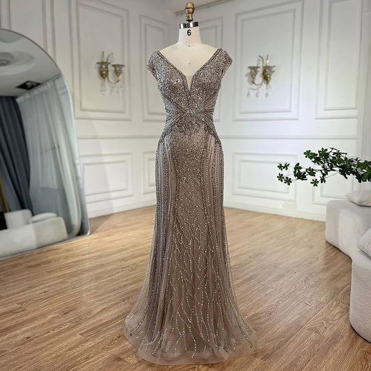 Customized Dubai Caramel Elegant Sleeveles Mermaid Beaded Arabic Evening Dresses Gowns For Women Wedding Party 2025 LA72456