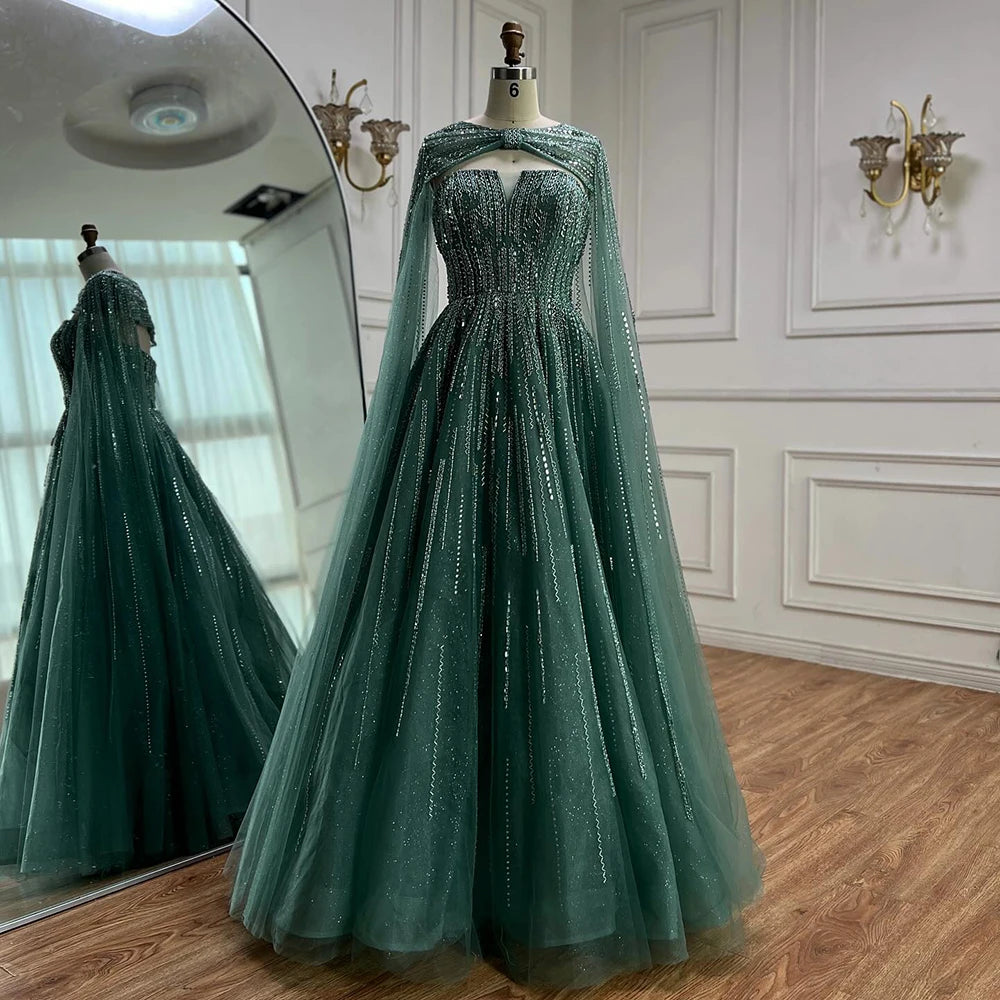 Serene Hill 2025 Arabic Blue Cape  A-Line Beaded Evening Dresses Long Celebrity Gowns  LA72427 Customized