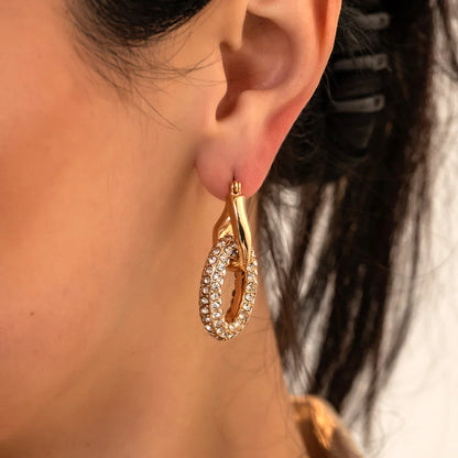 Punk Circle Pendant Shiny Rhinestone Stainless Steel Drop Earrings Bilayer Oval Round Rust Proof Party Zircon Huggie Jewelry New
