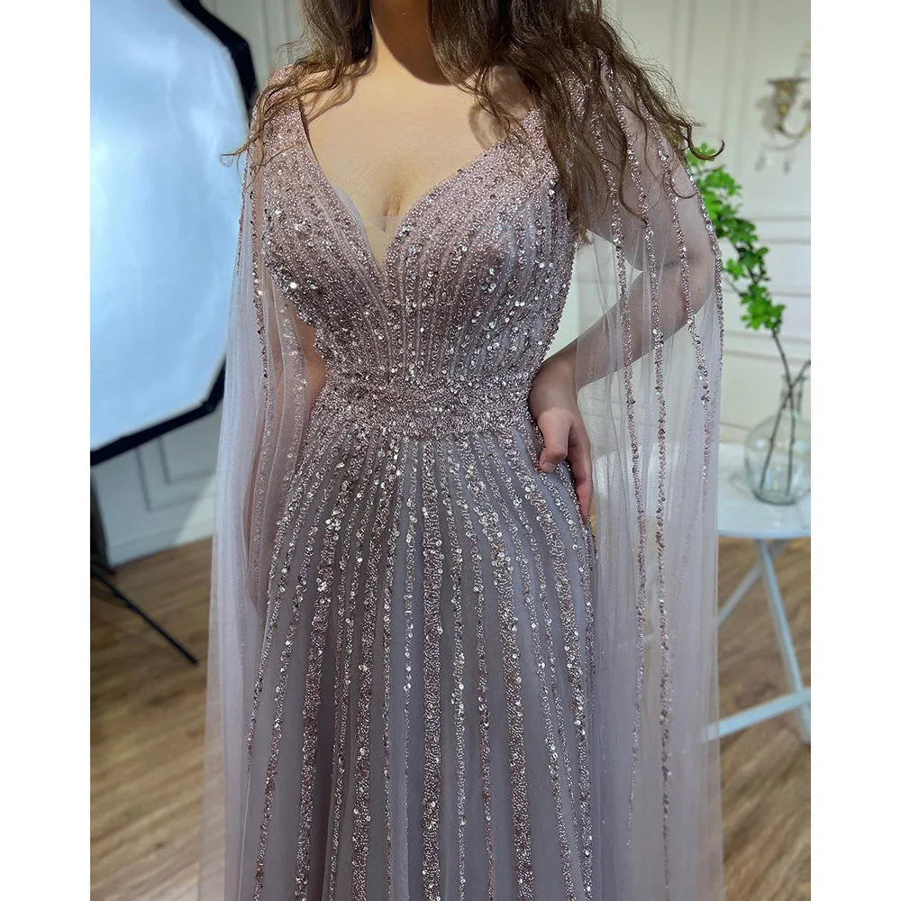 Nude Arabic Luxury Cape Sleeves Evening Dresses Gowns A-Line Beaded 2025 For Party LA71567 Customized