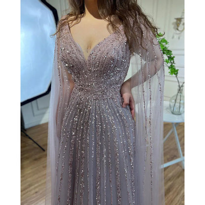 Nude Arabic Luxury Cape Sleeves Evening Dresses Gowns A-Line Beaded 2025 For Party LA71567 Customized
