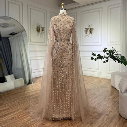 Muslim Nude Mermaid Cape Sleeves Pearls Beaded Luxury Dubai Evening Dresses Gowns 2025 Wedding Party LA72372 Customized