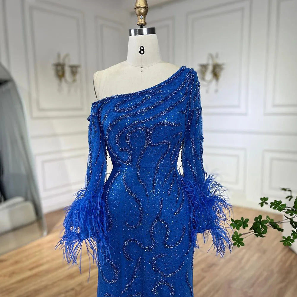 Serene Hill Blue Mermaid Elegant One-Shoulder Beaded Feathers  Evening Dress Gown for 's Wedding Party 2025 LA72395 Customized