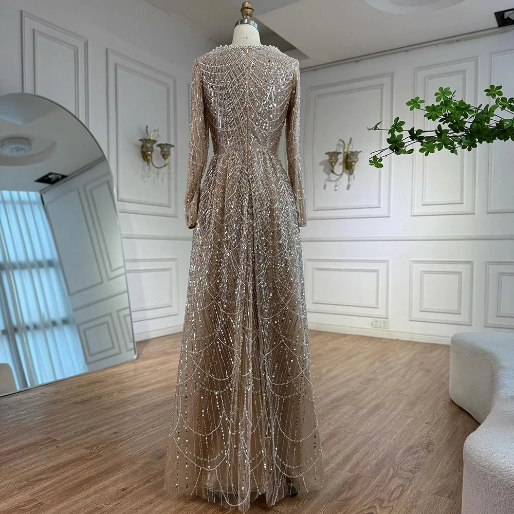 Luxury Olive Green Long Sleeve Beaded A Line Evening Gown for Wedding Party Prom Serene Hill 2025 Customized LA72738B Plus Size
