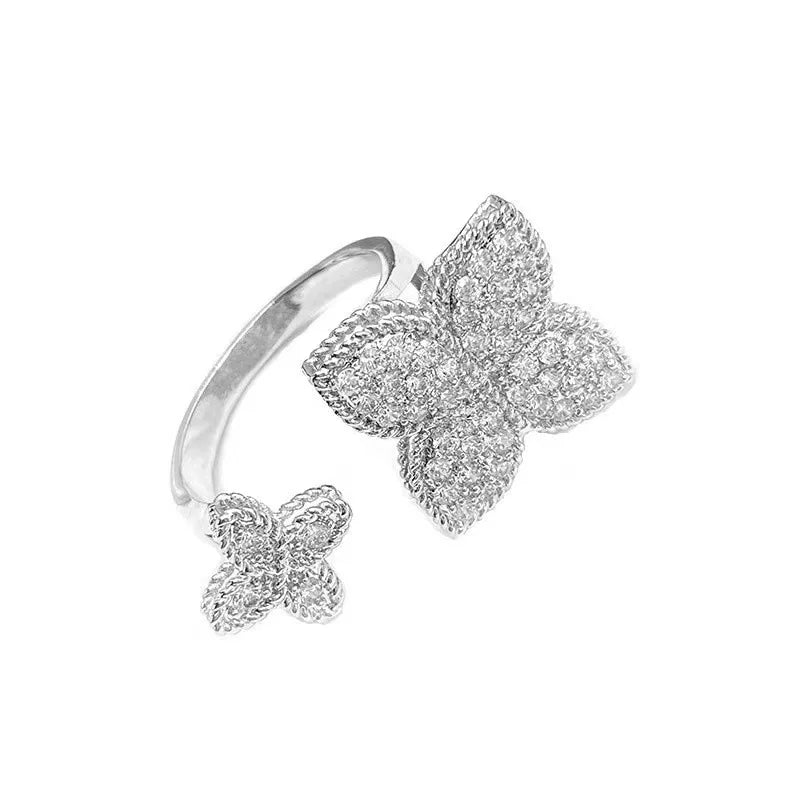 ZAKOL Shiny Micro-intact Zircon Four-leaf Flower Adjustable Open Rings Fashion Engagement Wedding Ring Jewelry Gift