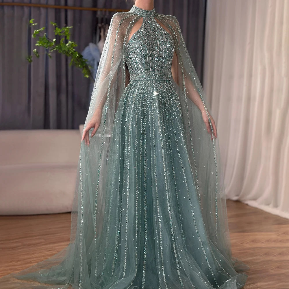 Serene Hill Arabic Turquoise A Line Cape Sleeve Beaded   Evening Dresses Gowns For Occasion 2025 LA72306A Customized