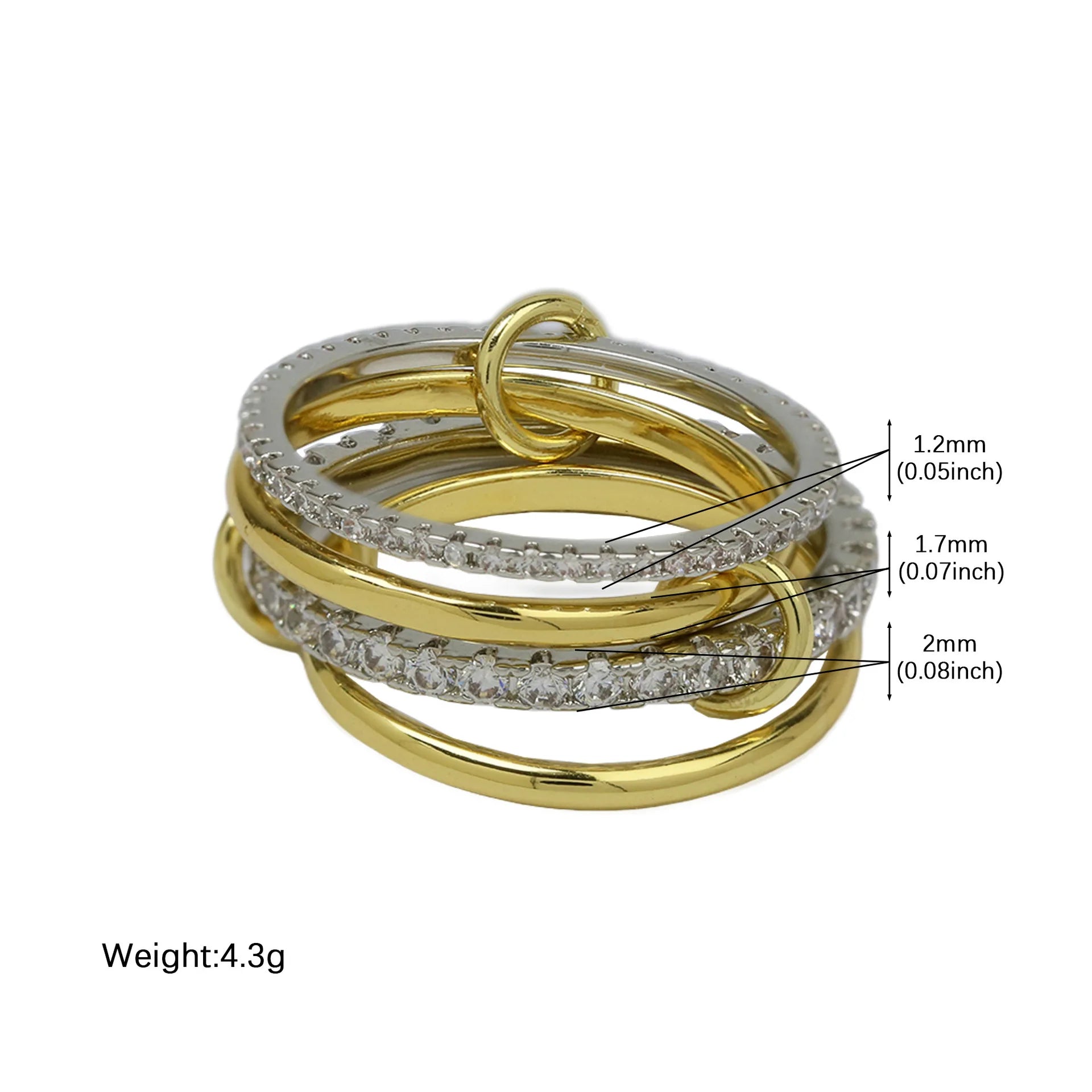 Stainless Steel Multilayer Double Color Link Chain Rings 18K Gold PlatedCZ Zircon Stackable Charm Jewelry Trendy Waterproof Gift