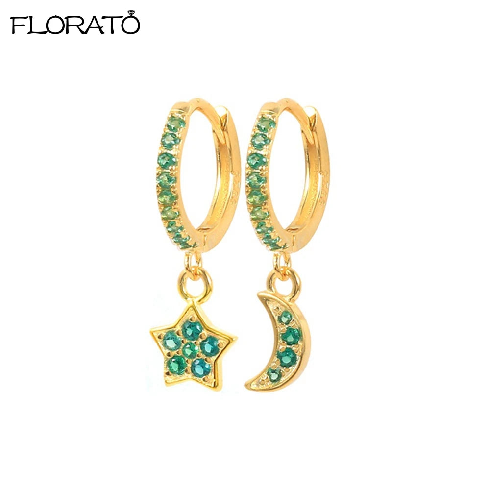 925 Sterling Silver Needle Luxury Green Zircon Pendant Earrings Trend Gold Color Small Hoop Earrings for Women Fashion Jewelry