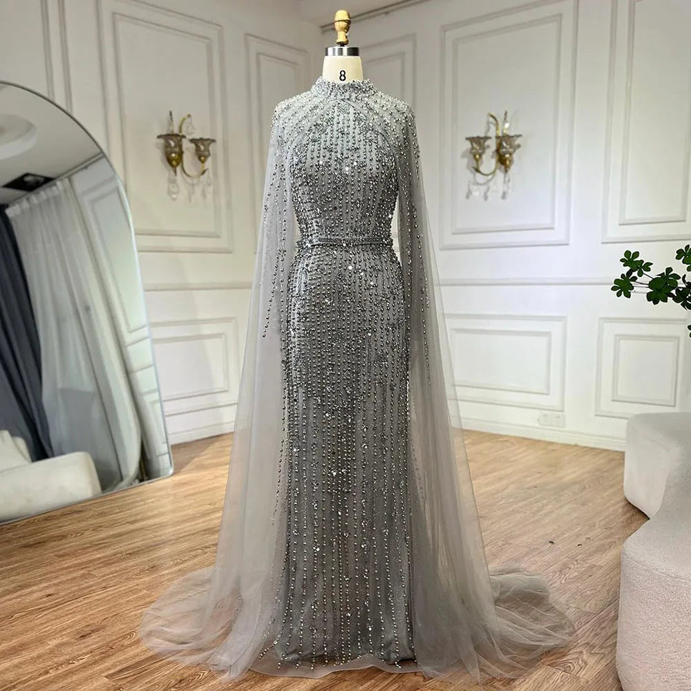 Muslim Nude Mermaid Cape Sleeves Pearls Beaded Luxury Dubai Evening Dresses Gowns 2025 Wedding Party LA72372 Customized