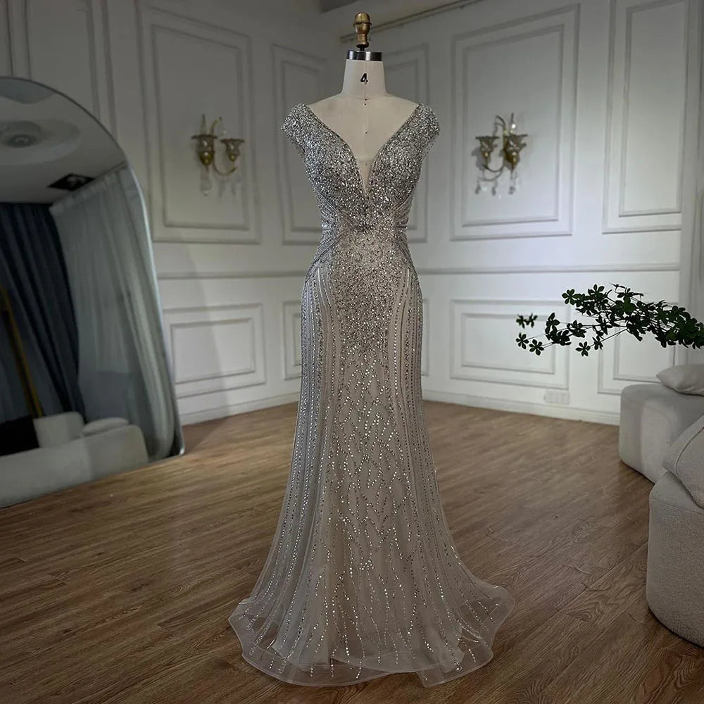 Customized Dubai Caramel Elegant Sleeveles Mermaid Beaded Arabic Evening Dresses Gowns For Women Wedding Party 2025 LA72456
