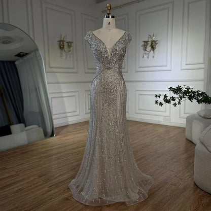 Customized Dubai Caramel Elegant Sleeveles Mermaid Beaded Arabic Evening Dresses Gowns For Women Wedding Party 2025 LA72456
