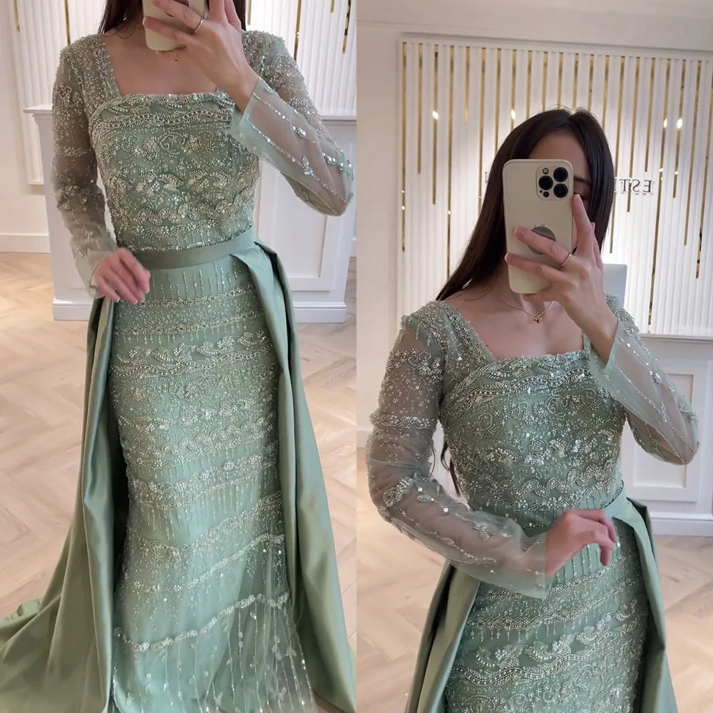 Elegant Pearls Evening Dress for Women with Detachable Skirt 2025 Luxury Long Sleeves Formal Prom Wedding Party Gown Customized