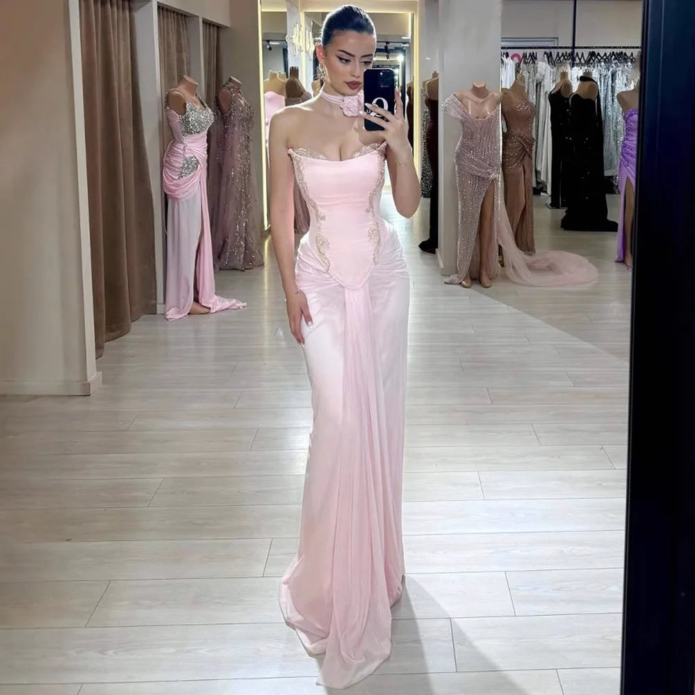 Serene Hill 2025 Customized Pink Strapless Draped Satin Evening Dress with Rose Neck Detail for Formal Party LA72946