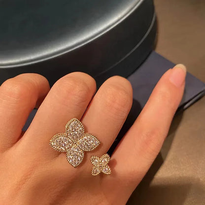 ZAKOL Shiny Micro-intact Zircon Four-leaf Flower Adjustable Open Rings Fashion Engagement Wedding Ring Jewelry Gift