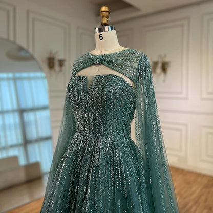 Serene Hill 2025 Arabic Blue Cape  A-Line Beaded Evening Dresses Long Celebrity Gowns  LA72427 Customized