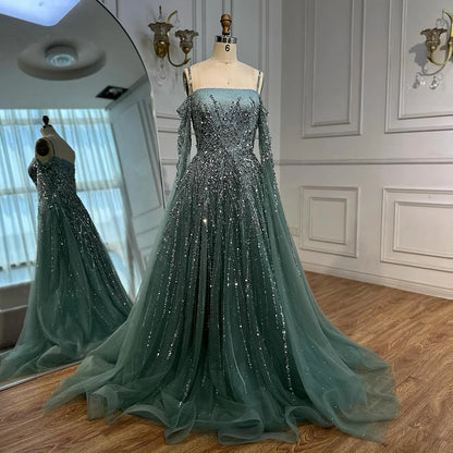 Turquoise Saudi A Line Luxury Evening Dress with Long Sleeves Cape for Formal Occasion Serene Hill 2025 LA72957 Customized