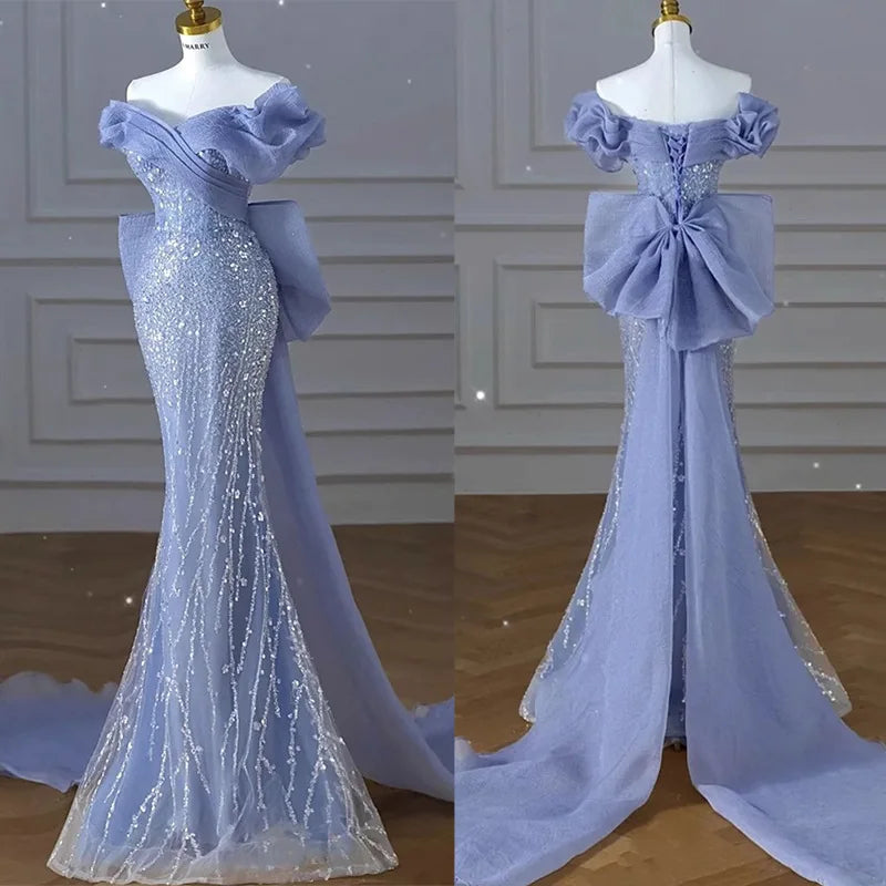Woman's Dress High Dress Off-Shoulder Blue Evening Dress Light Luxury Niche Mermaid Sequin Host Elegant Party Dress