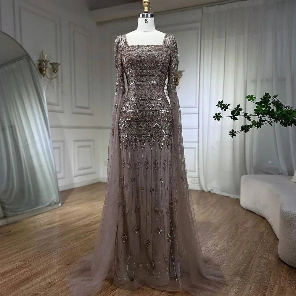 2025 Caramel With Beaded Cape Sleeves Design Mermaid Long Evening Dresses Gowns For Women's Wedding Party LA72355A Customized