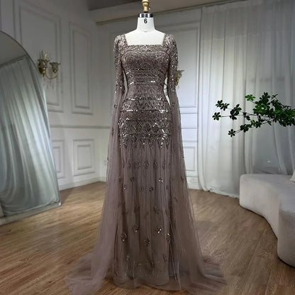2025 Caramel With Beaded Cape Sleeves Design Mermaid Long Evening Dresses Gowns For Women's Wedding Party LA72355A Customized
