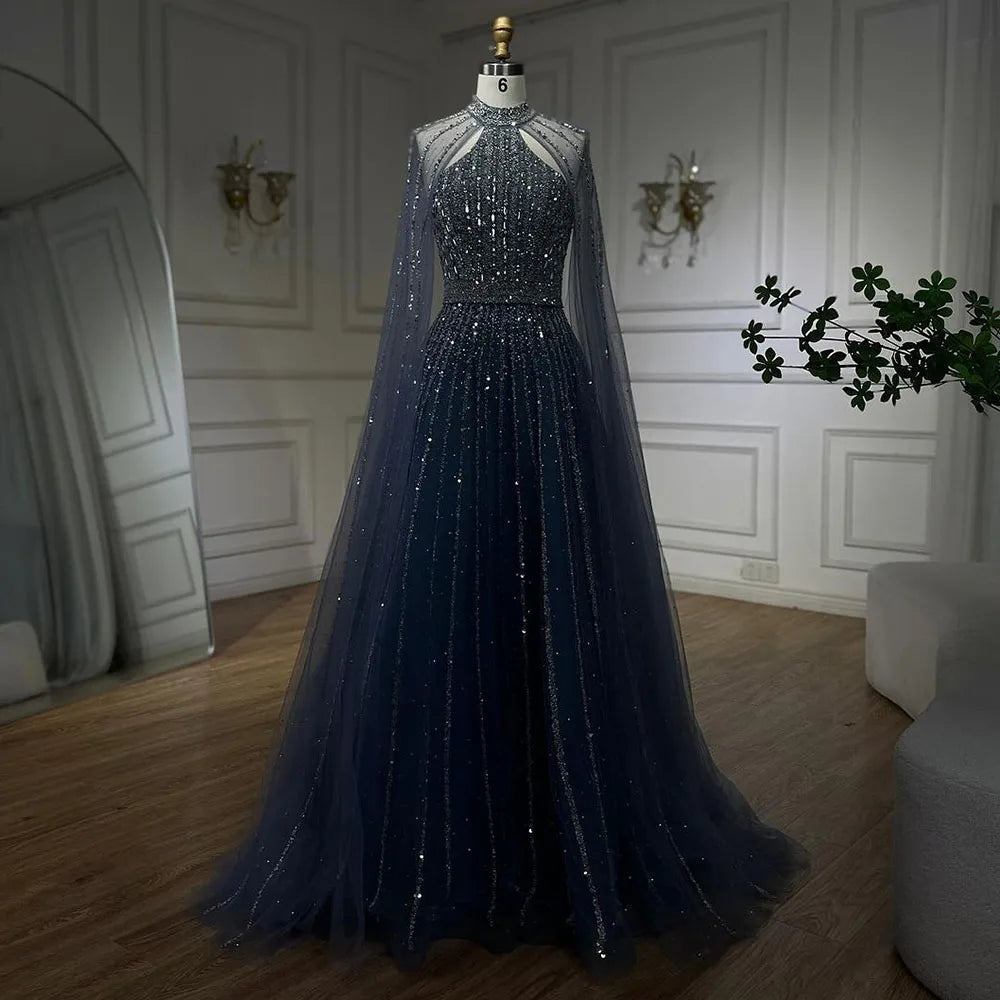 Serene Hill Arabic Turquoise A Line Cape Sleeve Beaded   Evening Dresses Gowns For Occasion 2025 LA72306A Customized