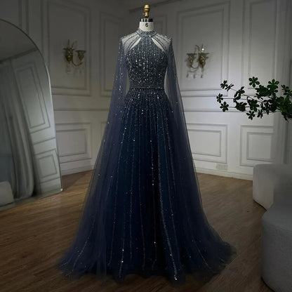 Serene Hill Arabic Turquoise A Line Cape Sleeve Beaded   Evening Dresses Gowns For Occasion 2025 LA72306A Customized