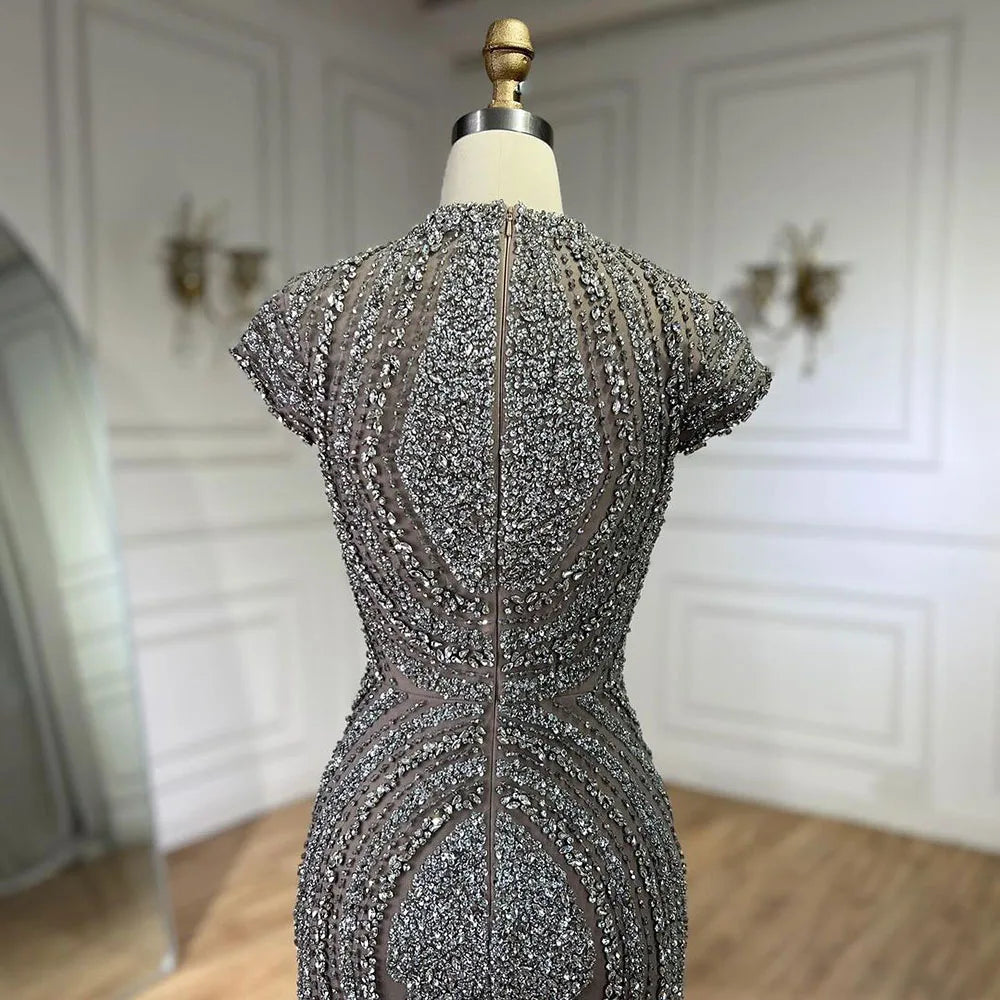 2025 Arabic Dubai Gray Nude Mermaid Floor Length Beaded Luxury Evening Dresses Gowns For Wedding Party LA72344 Customized